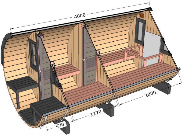 400cm Spruce Barrel Sauna | Thermowood | Terrace | Wood-Fired or Electric.