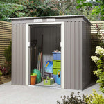6x4 Trentvale metal pent shed in light grey, open to reveal storage.