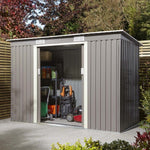 8x4 Trentvale metal pent shed in light grey, open to reveal storage.