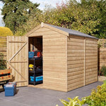 8x6 shiplap apex shed with single door, open to reveal storage.