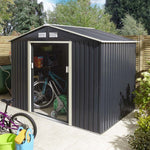 8x6 Trent Vale metal apex shed in dark grey with bicycle inside