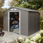 8x6 Trentvale metal apex shed in light grey, with open door showing storage.