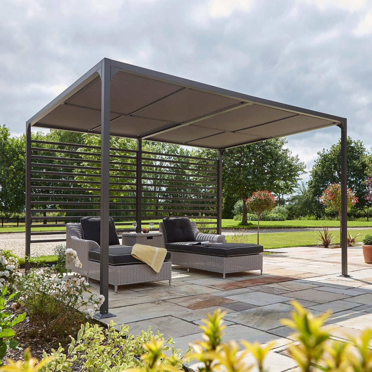 Aluminium Pergola with Sliding Roof in Grey, two sizes.