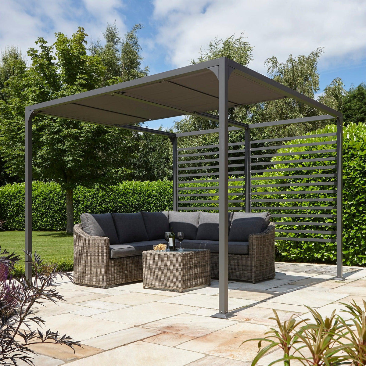 Aluminium Pergola with Sliding Roof in Grey, two sizes.