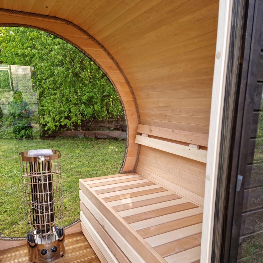 Compact 160cm Terrace Barrel Sauna | Harvia electric heater.
