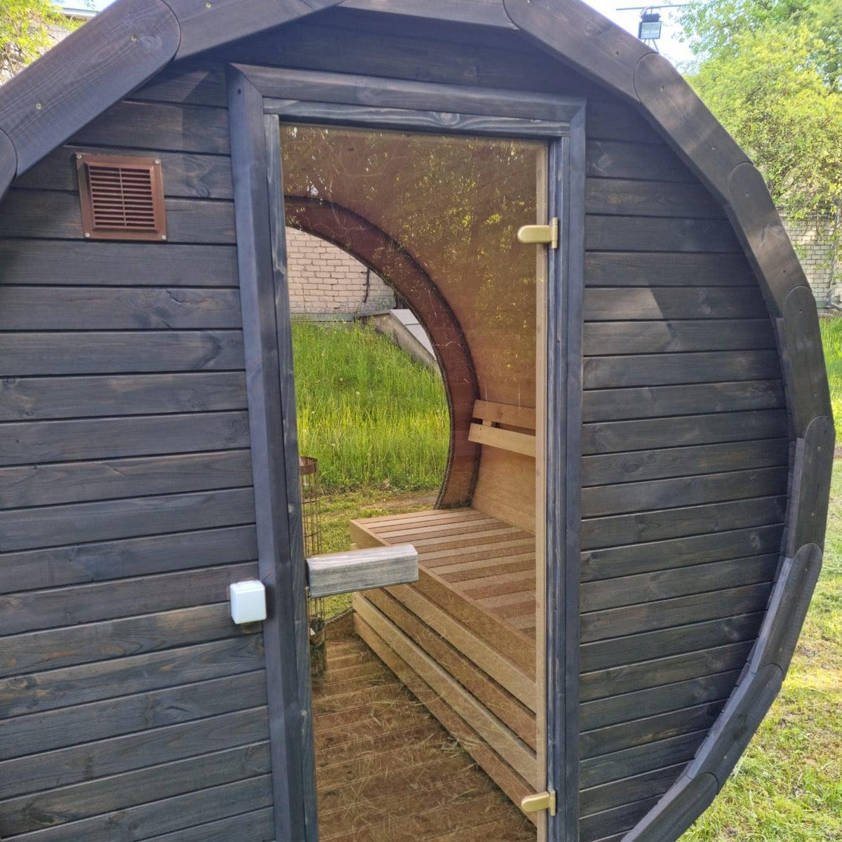 Compact 160cm Terrace Barrel Sauna | Harvia electric heater.