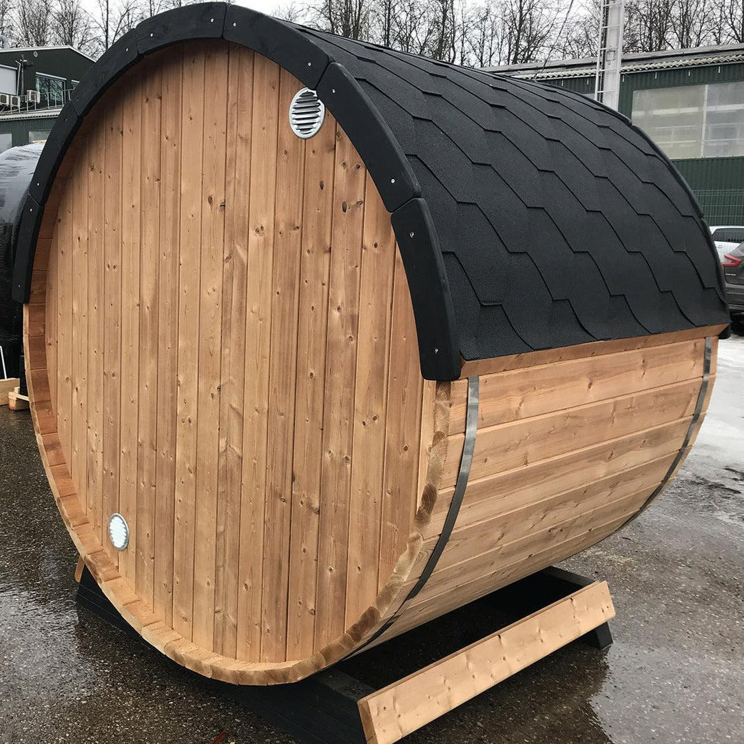 Compact 160cm Terrace Barrel Sauna | Harvia electric heater.