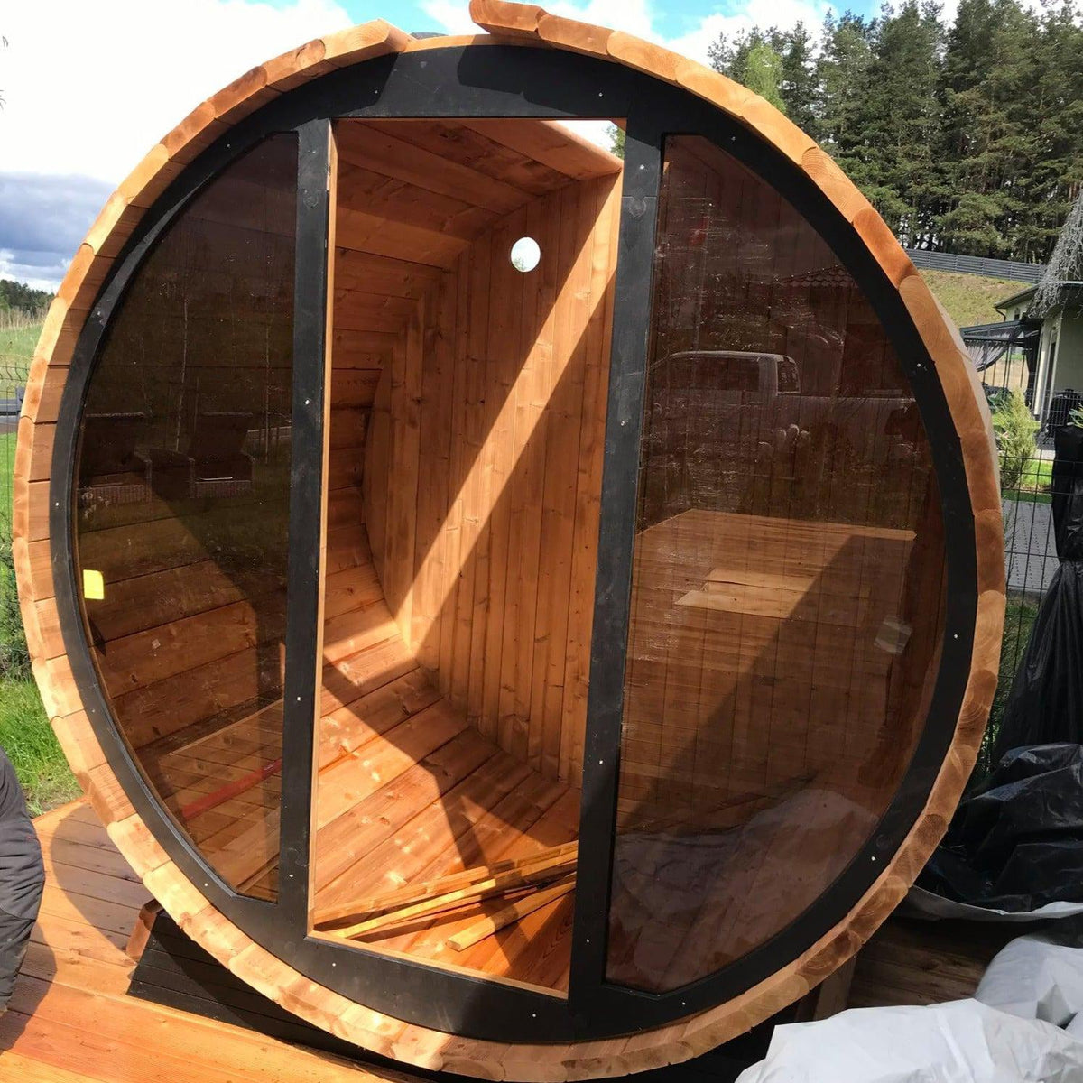 Compact 160cm Terrace Barrel Sauna | Harvia electric heater.