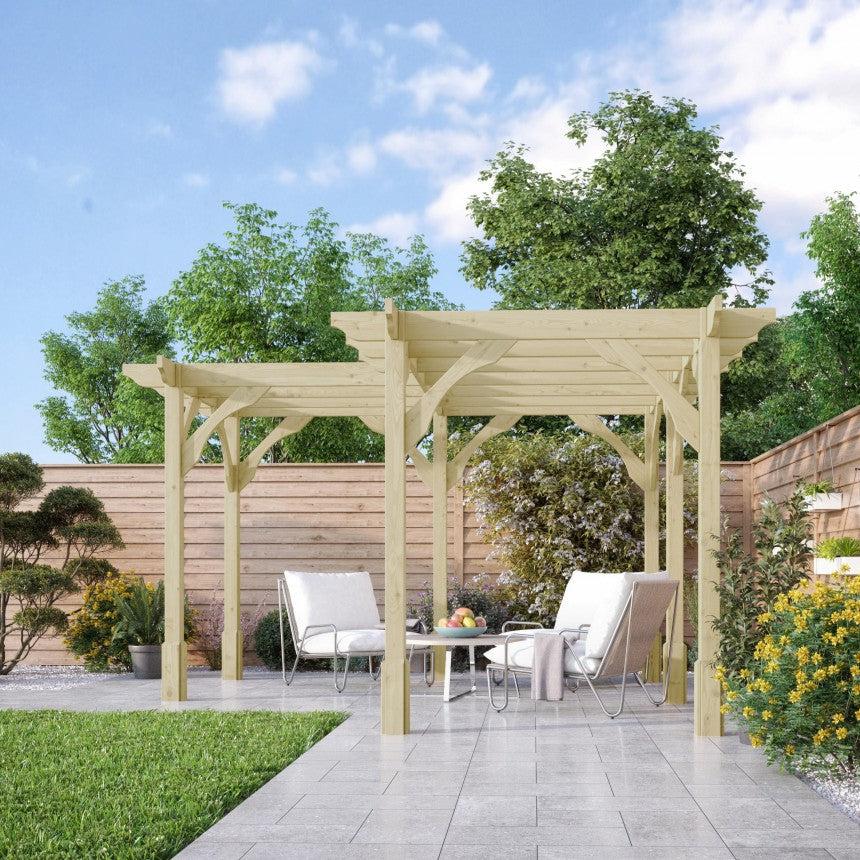 Corner Timber Pergola Complete DIY Kit, 3.6m up to 4.8m Quality Tanalised Redwood Timber.