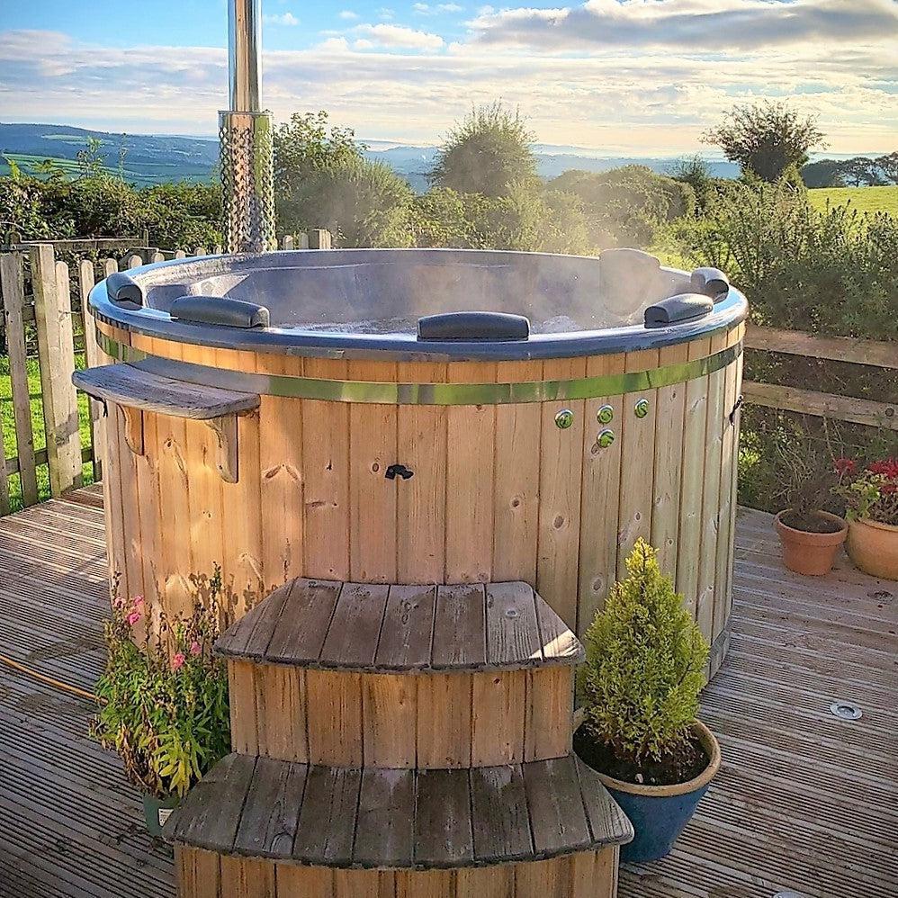 Large 200cm Wood Fired Hot Tub, External Heater, Fibreglass Liner.