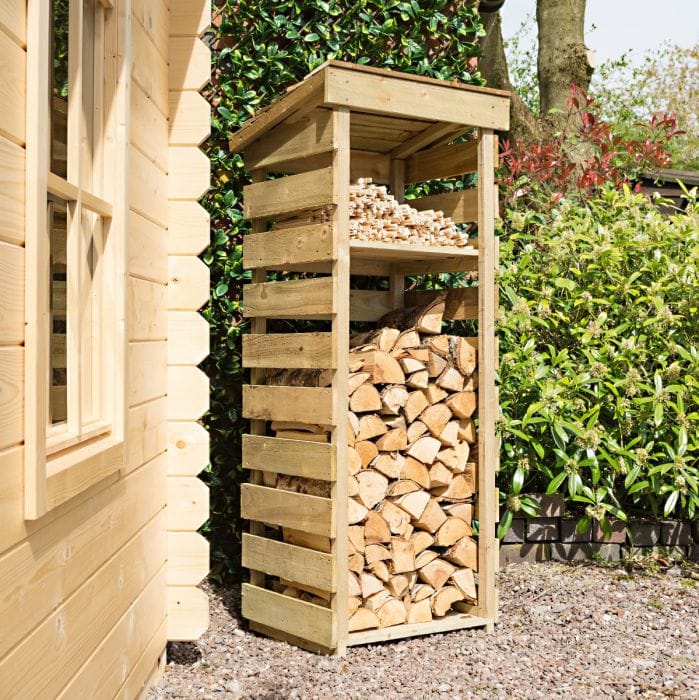 Narrow log store with kindling shelf, tanalised timber – Layzee Living