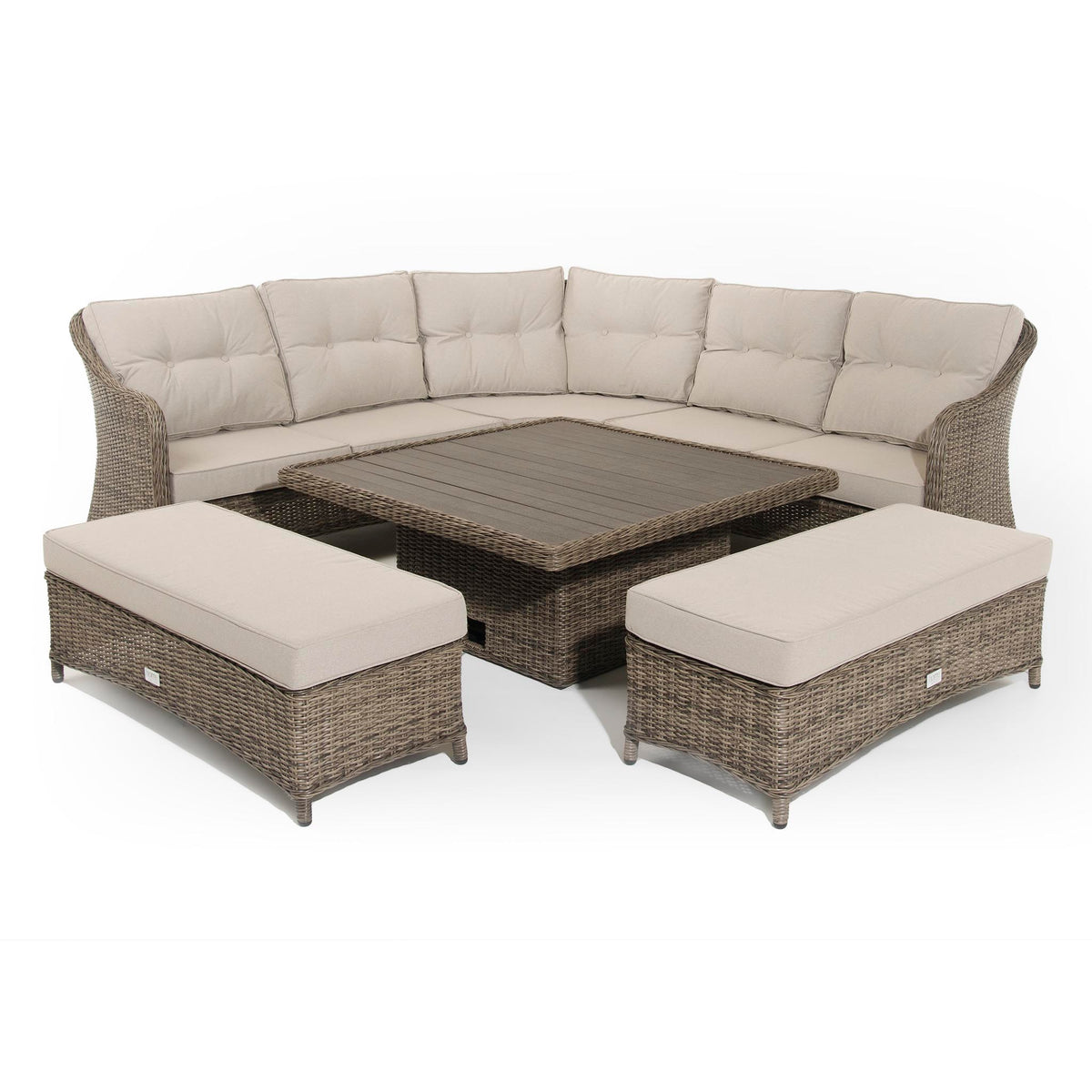 Hazel | Corner Sofa with Rising Table and 2 Benches in Brown Rattan