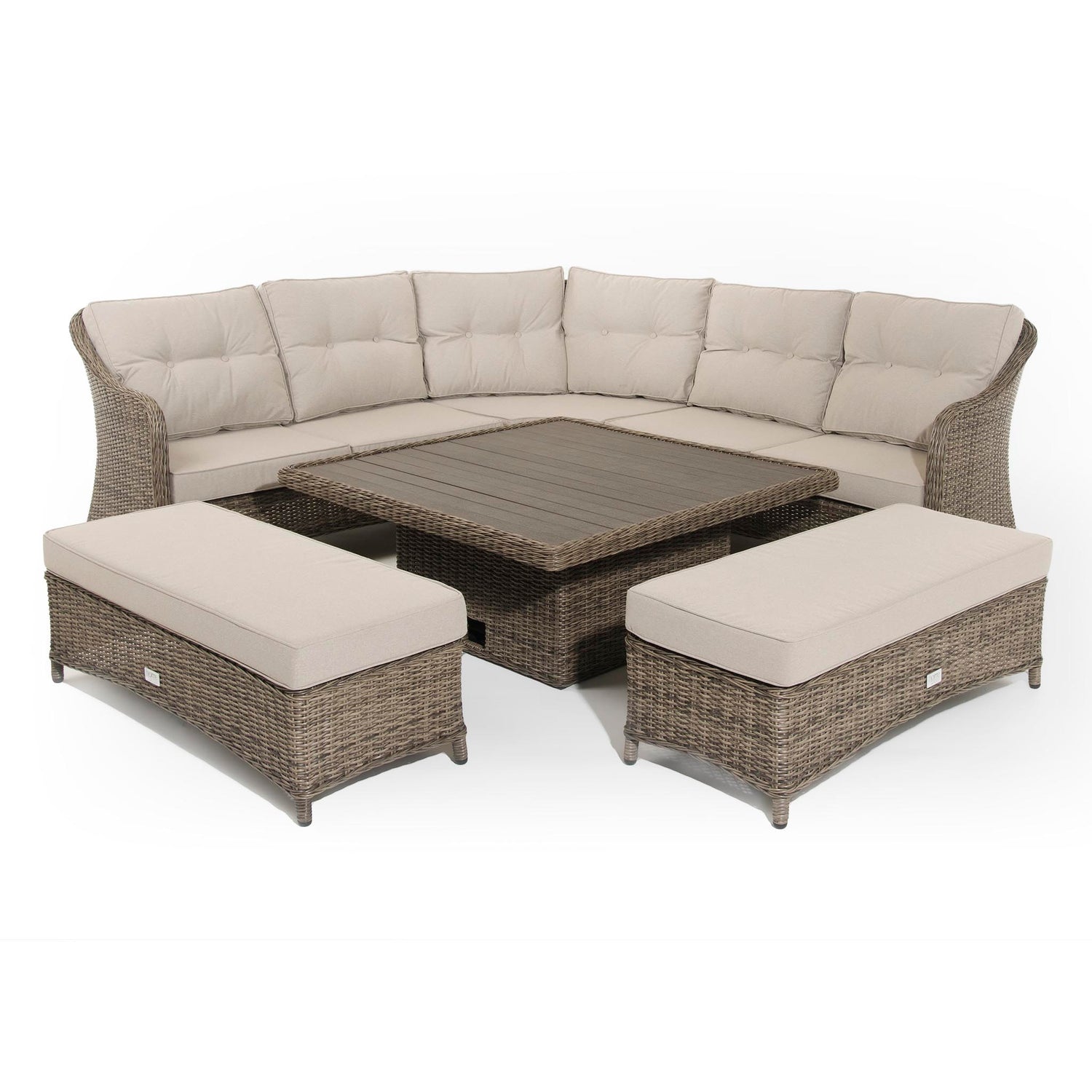 Hazel | Corner Sofa with Rising Table and 2 Benches in Brown Rattan