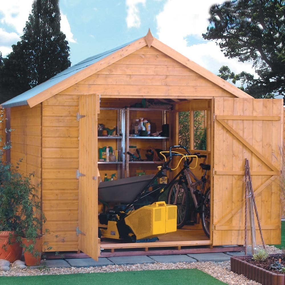 10x8 Premier Shed with open doors, showing storage and a bike.