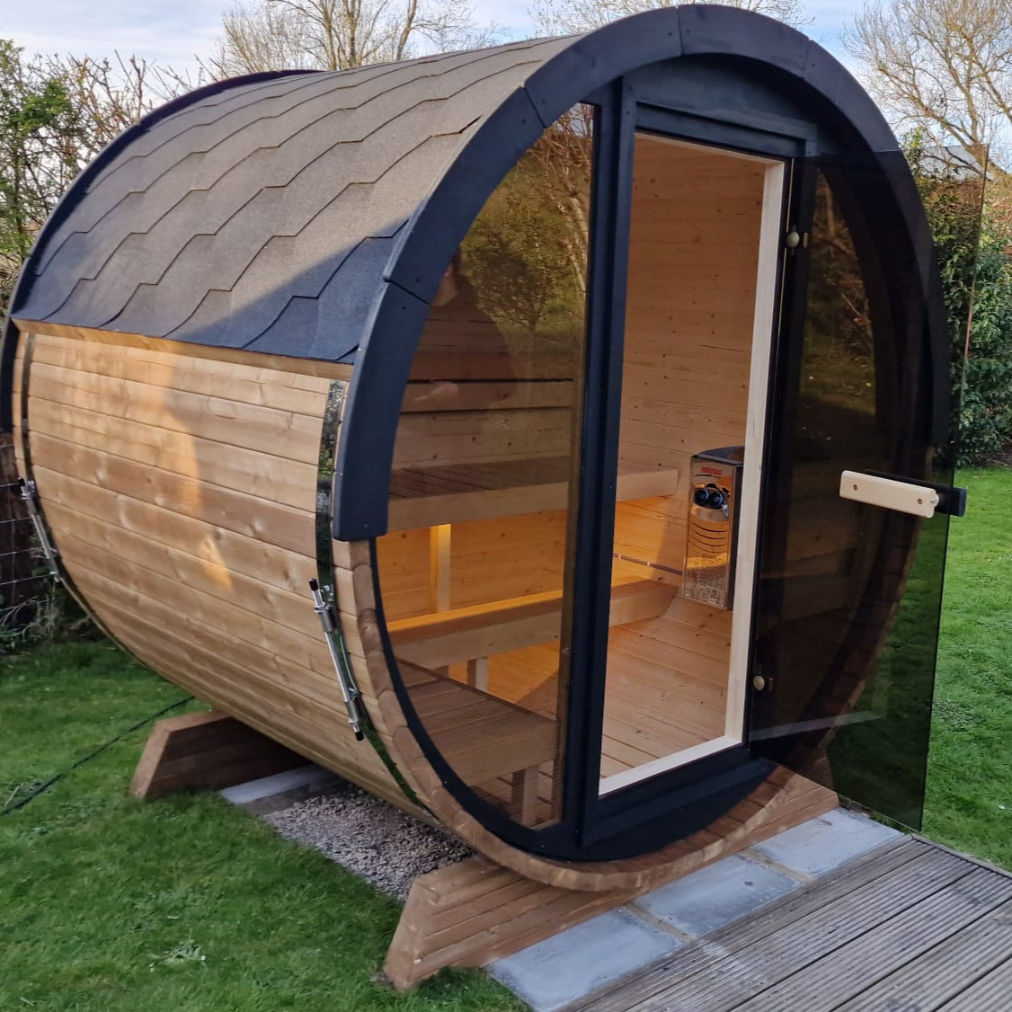 Compact 160cm Barrel Sauna | Harvia electric heater.