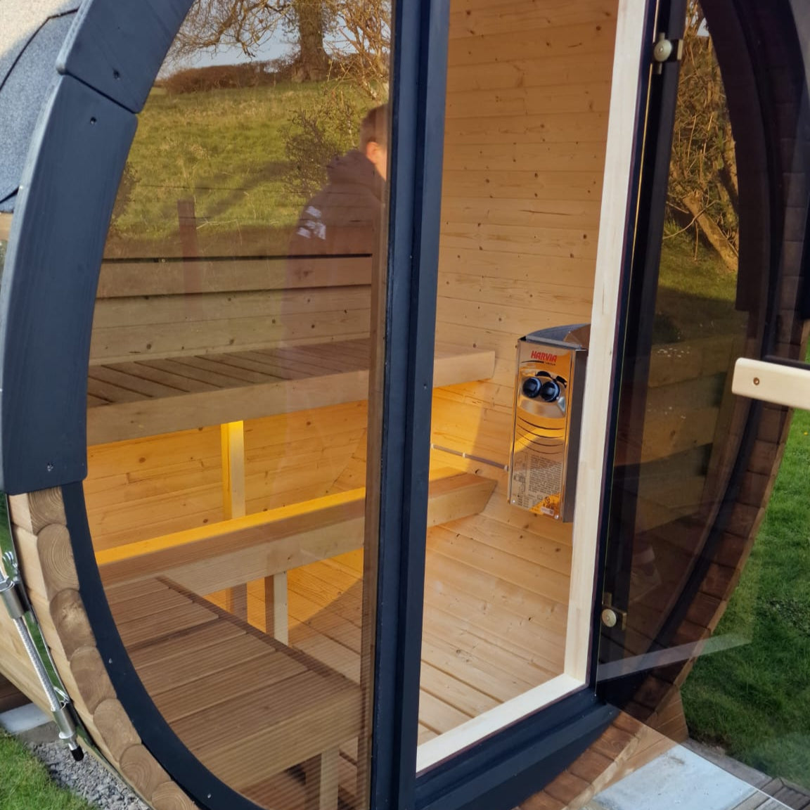 Compact 160cm Barrel Sauna | Harvia electric heater.