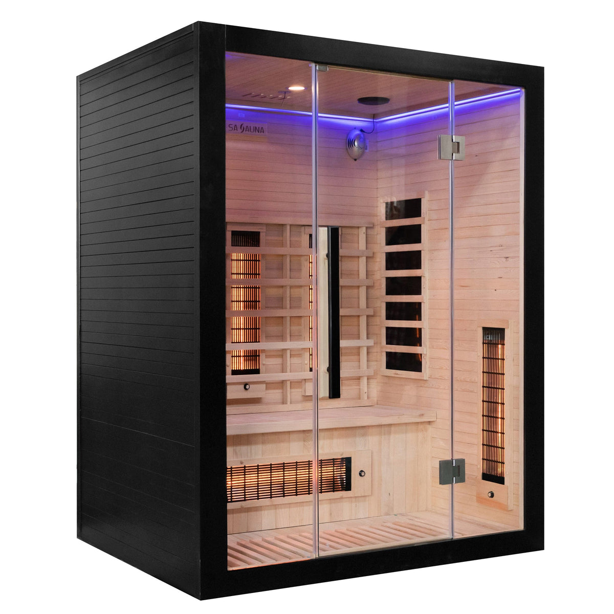 Infrared sauna 1K7A1863 with black exterior and glass door.
