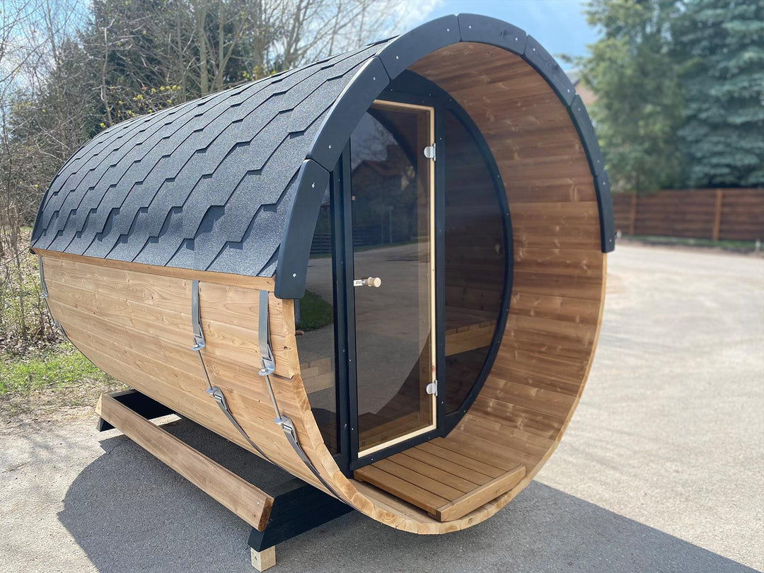 200cm Spruce Barrel Sauna | Thermowood | Harvia heater & Terrace | Wood-Fired or Electric.