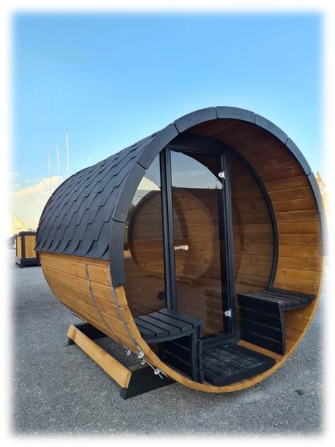 200cm Spruce Barrel Sauna | Thermowood | Harvia heater & Terrace | Wood-Fired or Electric.