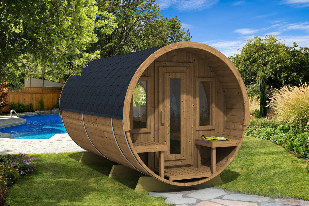 200cm Spruce Barrel Sauna | Thermowood | Harvia heater & Terrace | Wood-Fired or Electric.