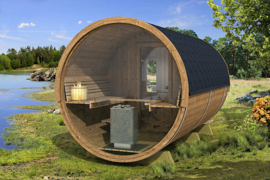 200cm Spruce Barrel Sauna | Thermowood | Harvia heater & Terrace | Wood-Fired or Electric.