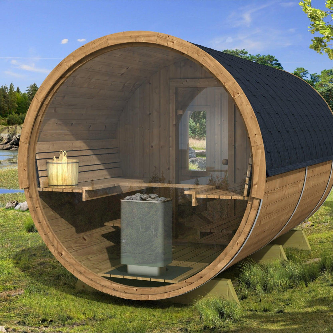 200cm Spruce Barrel Sauna | Thermowood | Harvia heater & Terrace | Wood-Fired or Electric.