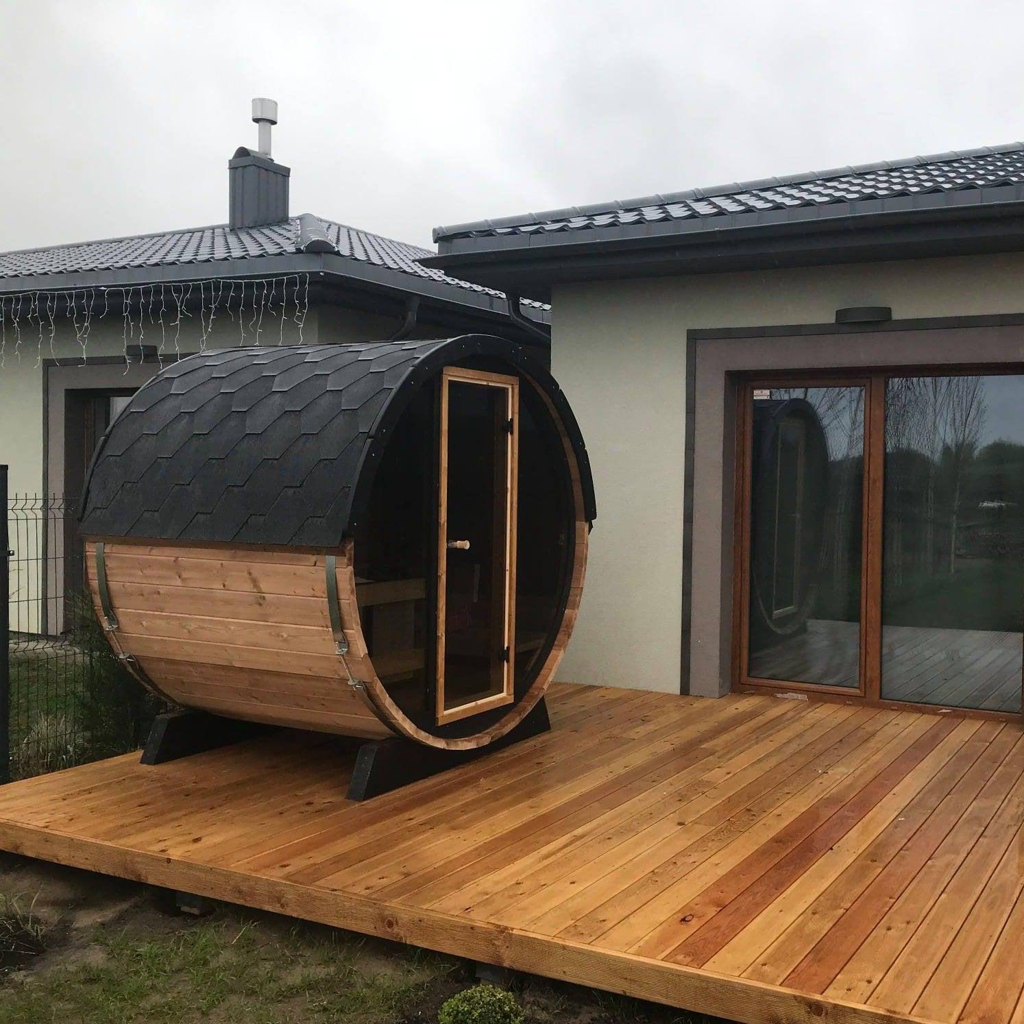 220cm Spruce Barrel Sauna | Thermowood | Harvia heater | Wood-Fired or Electric.