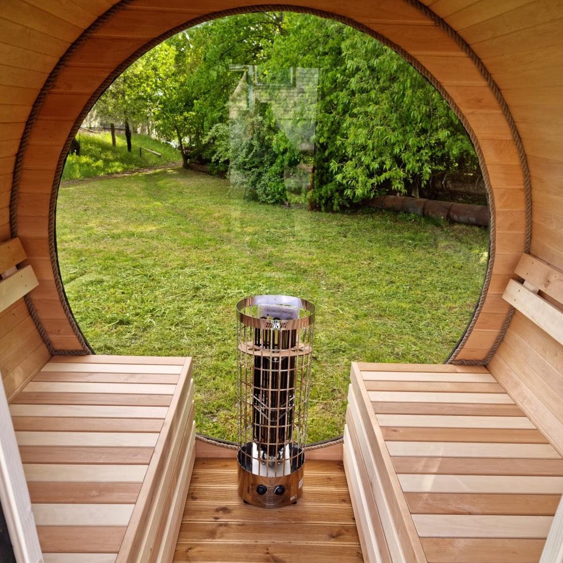 220cm Spruce Barrel Sauna | Thermowood | Harvia heater | Wood-Fired or Electric.