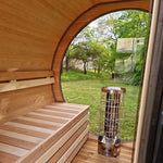 220cm Spruce Barrel Sauna | Thermowood | Harvia heater | Wood-Fired or Electric.