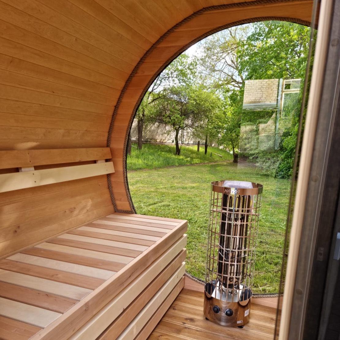 220cm Spruce Barrel Sauna | Thermowood | Harvia heater | Wood-Fired or Electric.