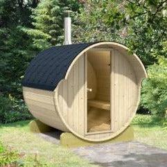 220cm Spruce Barrel Sauna | Thermowood | Harvia heater | Wood-Fired or Electric.