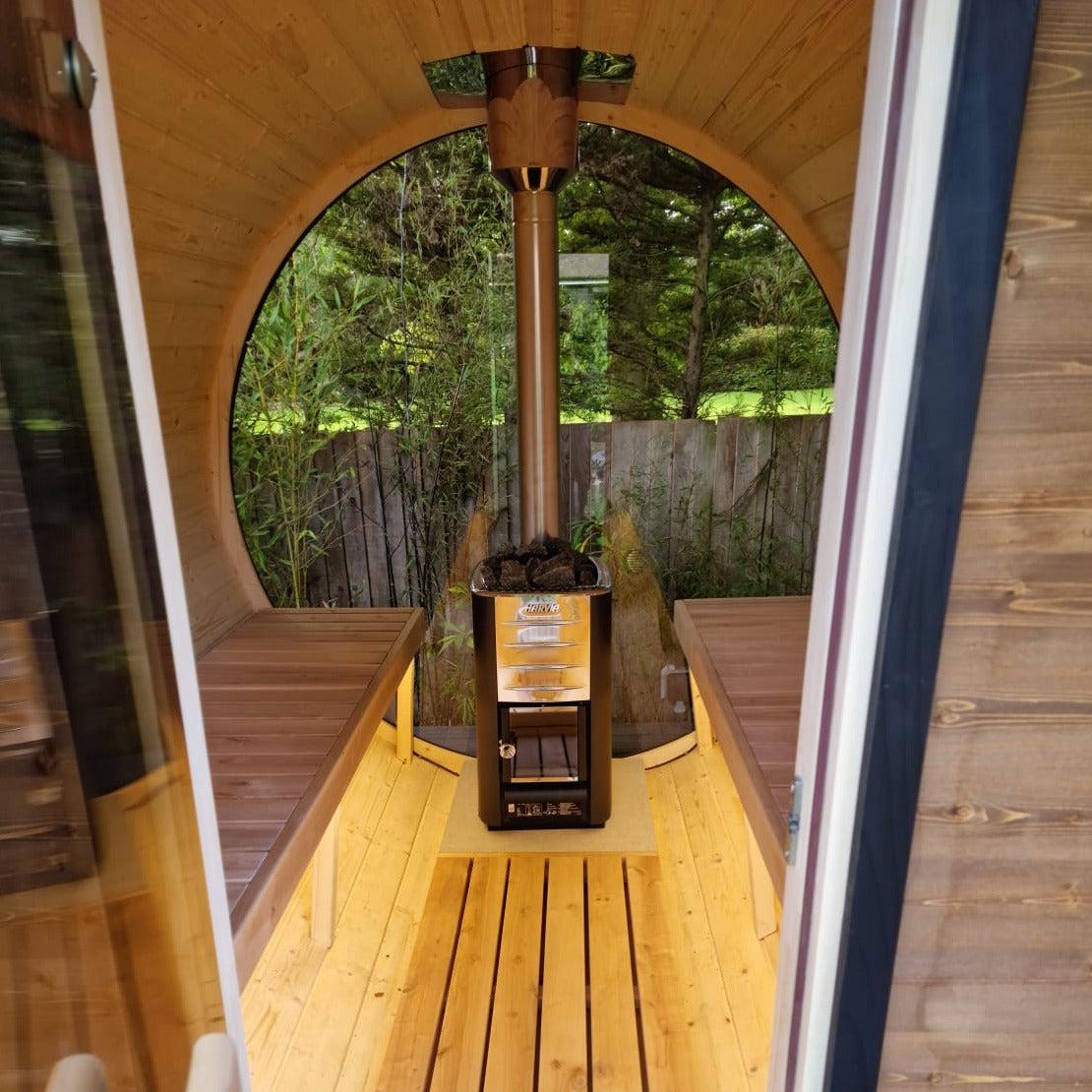 220cm Spruce Barrel Sauna | Thermowood | Harvia heater | Wood-Fired or Electric.