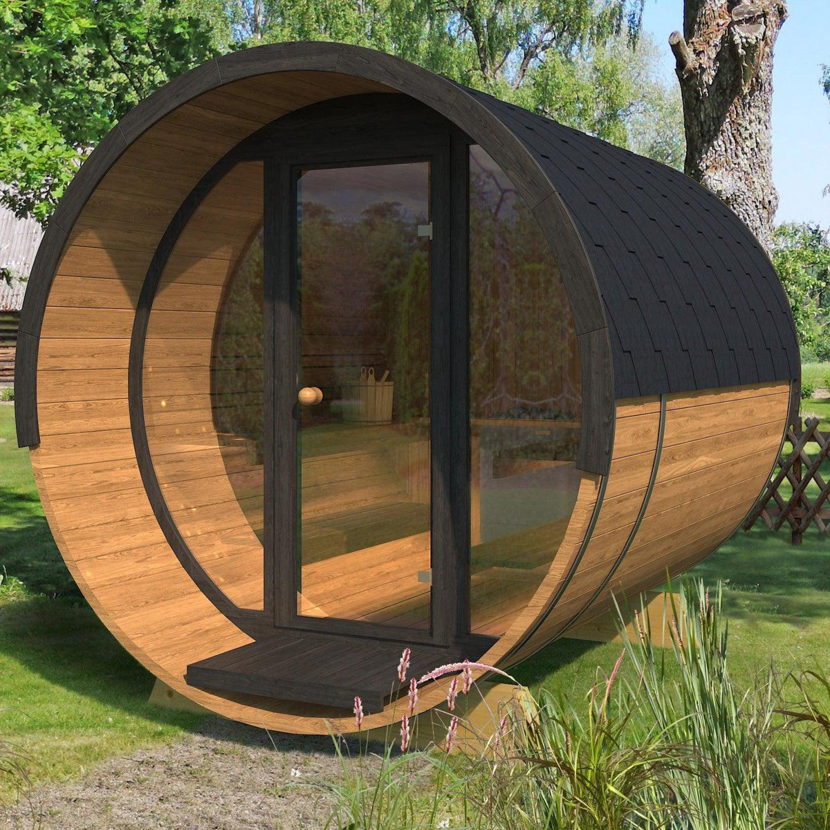 250cm Spruce Barrel Sauna | Thermowood | Terrace | Wood-Fired or Electric.