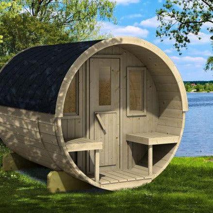 250cm Spruce Barrel Sauna | Thermowood | Terrace | Wood-Fired or Electric.