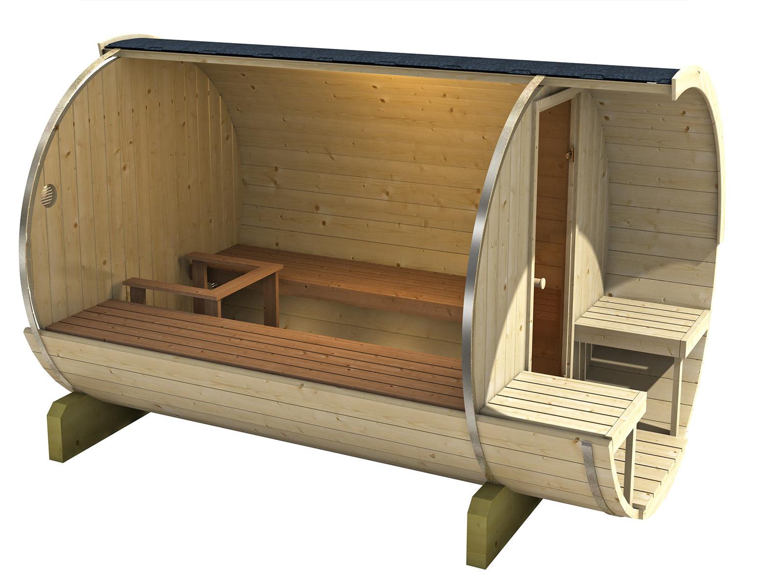 250cm Spruce Barrel Sauna | Thermowood | Terrace | Wood-Fired or Electric.