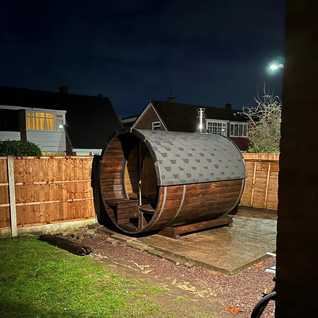 250cm Spruce Barrel Sauna | Thermowood | Terrace | Wood-Fired or Electric.