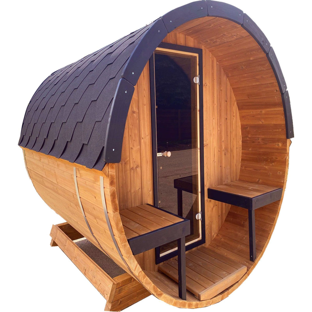 250cm Spruce Barrel Sauna | Thermowood | Terrace | Wood-Fired or Electric.