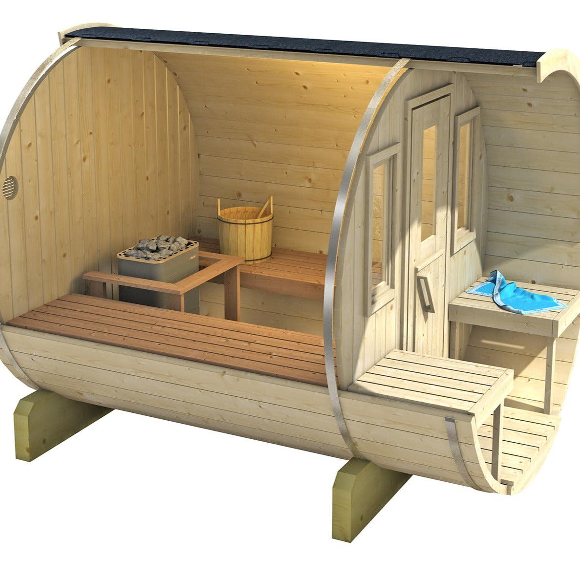 250cm Spruce Barrel Sauna | Thermowood | Terrace | Wood-Fired or Electric.