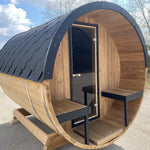 250cm Spruce Barrel Sauna | Thermowood | Terrace | Wood-Fired or Electric.