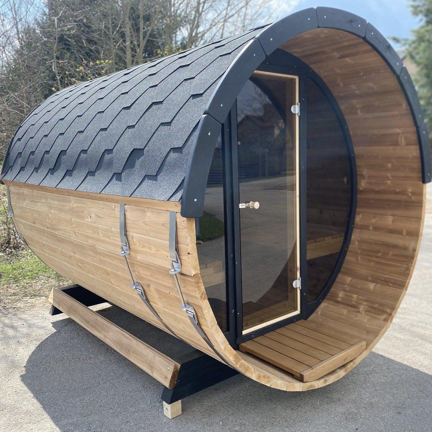 250cm Spruce Barrel Sauna | Thermowood | Terrace | Wood-Fired or Electric.