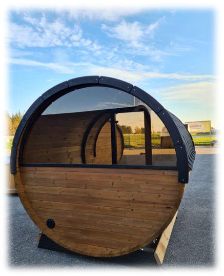 250cm Spruce Barrel Sauna | Thermowood | Terrace | Wood-Fired or Electric.