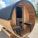 250cm Spruce Barrel Sauna | Thermowood | Terrace | Wood-Fired or Electric.