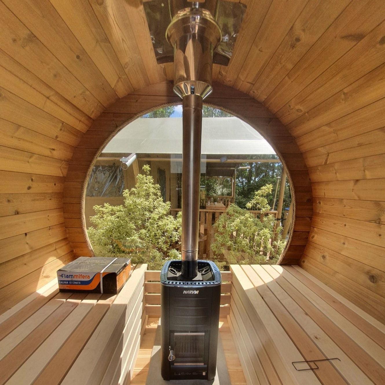 250cm Spruce Barrel Sauna | Thermowood | Terrace | Wood-Fired or Electric.