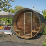 250cm Spruce Barrel Sauna | Thermowood | Terrace | Wood-Fired or Electric.