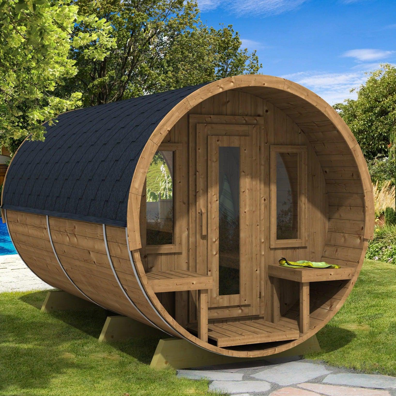 280cm Spruce Barrel Sauna | Thermowood | Terrace | Wood-Fired or Electric.