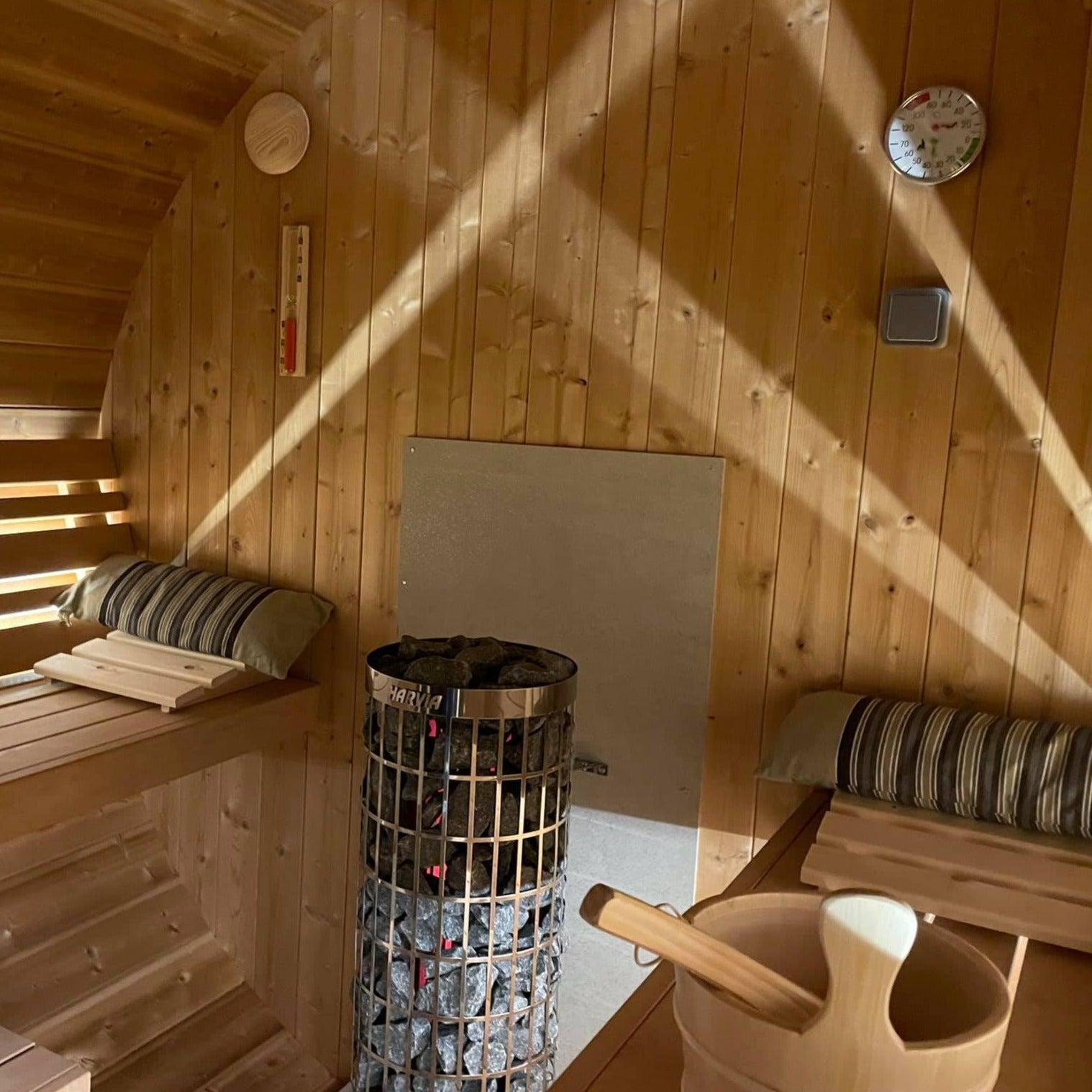 330cm Spruce Barrel Sauna | Thermowood | Terrace | Wood-Fired or Electric.