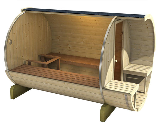 400cm Spruce Barrel Sauna | Thermowood | Terrace | Wood-Fired or Electric.