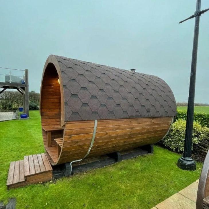 400cm Spruce Barrel Sauna | Thermowood | Terrace | Wood-Fired or Electric.