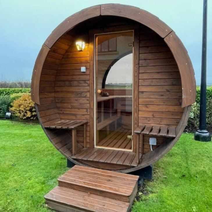 400cm Spruce Barrel Sauna | Thermowood | Terrace | Wood-Fired or Electric.