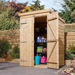 4x4 shiplap pent shed with double doors, open to show storage.